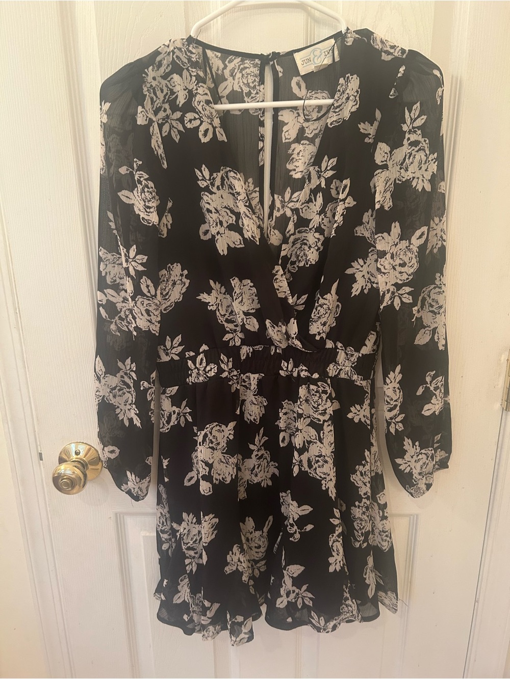 Black Floral Long-Sleeve Wrap-Style Dress